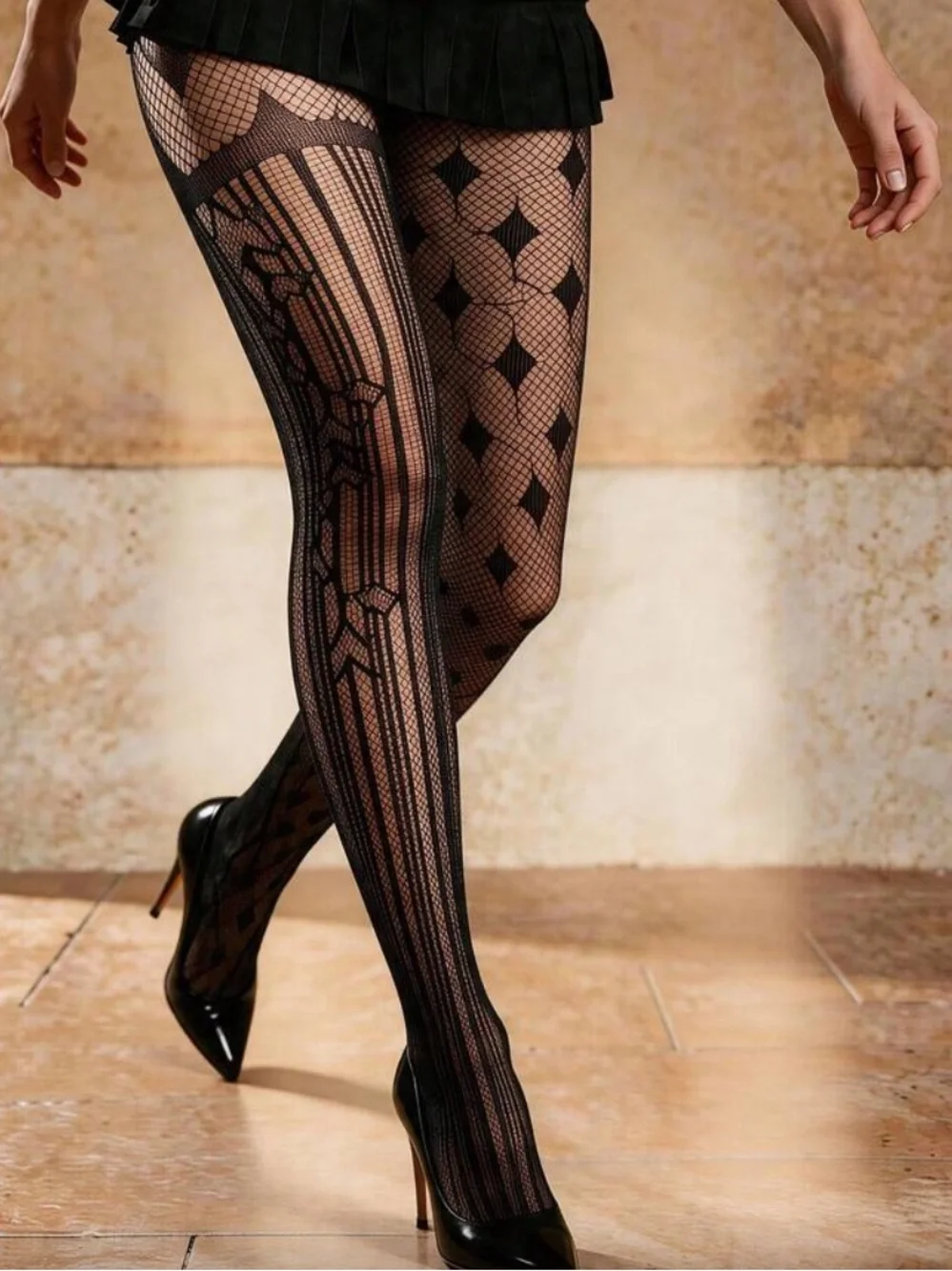 Black Patterned Fishnet Tights - Women